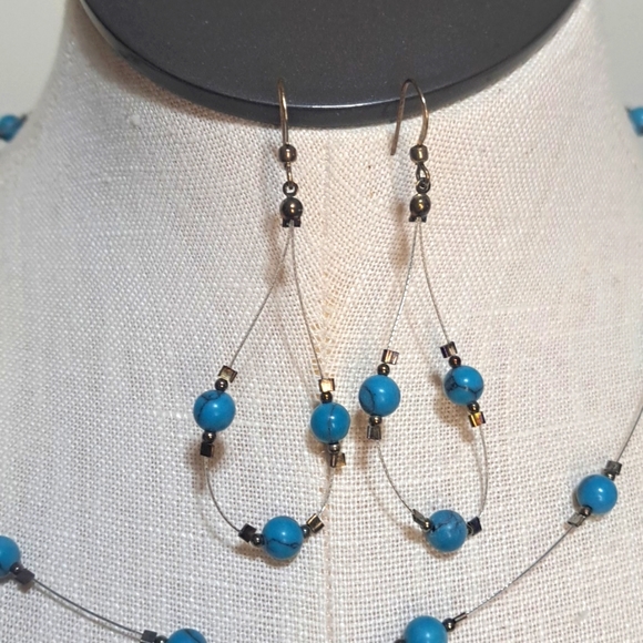 Hand Crafted Necklace & Earring Set Heirloom Sterling Blue Beaded Multistrand - Picture 2 of 6